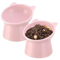 2 Raised Cat Bowls, 15° Tilt, Food & Water Dishes for Cats (Pink)
