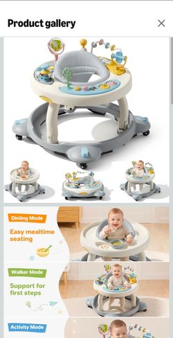 Baby Walker with Wheels, Foldable Baby Walker for Baby 6-12 Months, 3-Position Rotating Seat with Interactive Activity Center, Music Buttons, Baby Wal