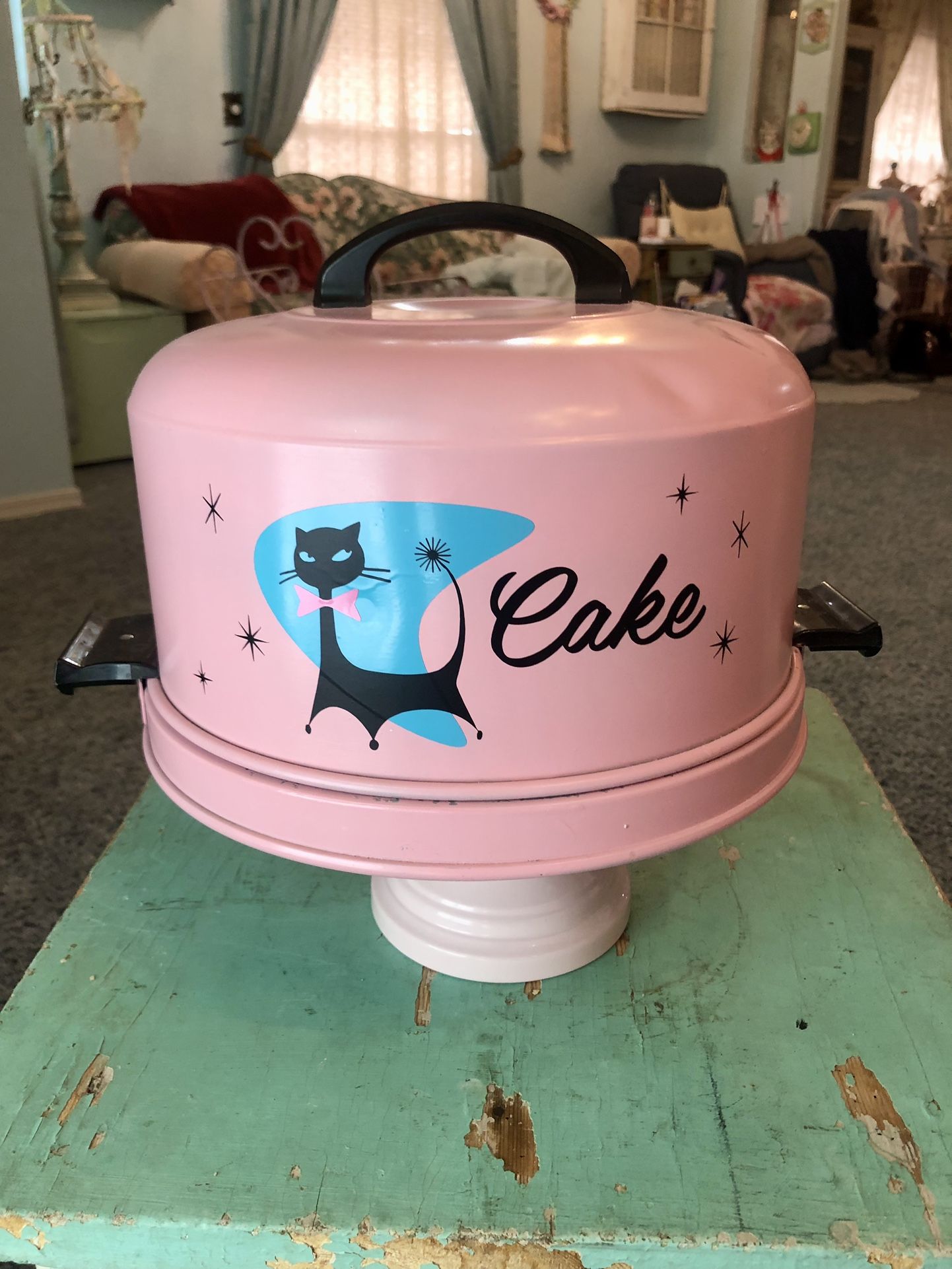 Vintage Pink Retro Cake Carrier W/ Cat And Locking Handles, MCM, Starburst