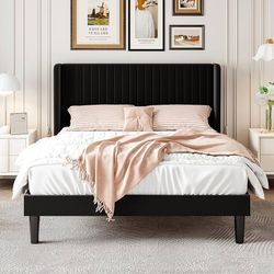 Full Size Velvet Bed Frame with Vertical Channel Tufted Wingback Headboard, Upholstered Platform Bed with Wood Slats, No Box Spring Needed, Easy Assem