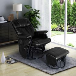 Glider Rocking Chair with Footstool 360° Swivel Chair PU Leather Upholstered Armchair Lounge Chair Slider Set (Black)
