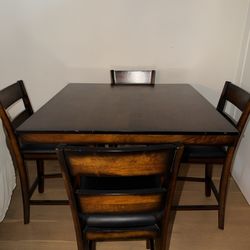 High Top Dark Brown Wood Dining Table Set 4 Padded Chairs