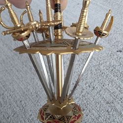 Vintage Toledo Spain Mini Sword Cocktail Picks Set w/ Stand Mid-Century