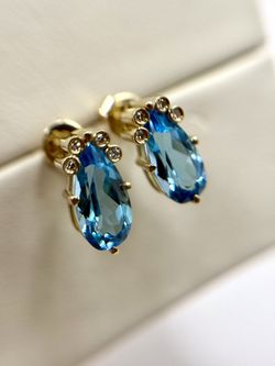 NWOT 9K Yellow Solid Gold 2.825ct Blue Topaz Pear Cut/0.04ct Diamonds Earrings