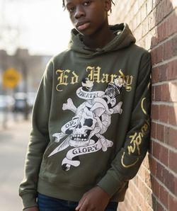 NEW Ed Hardy Tattoo Hoodie Mens Large Olive Green Skull Graphic NWT