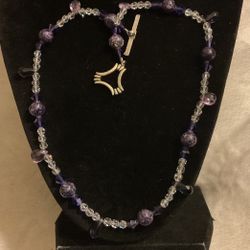 14”amethyst And Clear Crystal Necklace/ Choker  With SilverTone Clasp 