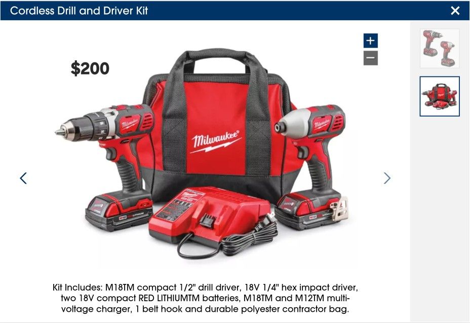 Milwaukee Cordless Drill & Driver Set $200