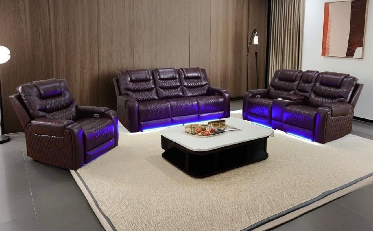 Power Electric Brown Leather Fully Reclining Couch Set