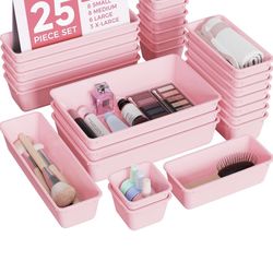 25 PCS Plastic Drawer Organizers Set, 4-Sizes Vanity and Makeup Organizer, Desk and bathroom Drawer Organizer Trays, Organizers and Storage for Makeup