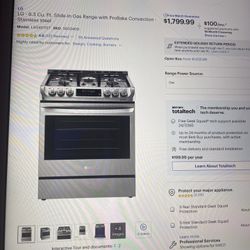 LG-6.3. CuFt.Slide In Gas Range W/ ProBake Convention Oven ( Brand New )