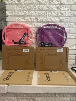 Set of 2 I pad GENERATION 6 TopEsct Silicone Protective Case in Pink and Purple Color comes with 2 sets of screen protectors, providing comprehensive 