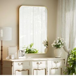BEAUTYPEAK 20" x 28" Rectangular Aluminum Alloy Frame Wall Mounted Bathroom Mirror with Rounded Corners, Gold