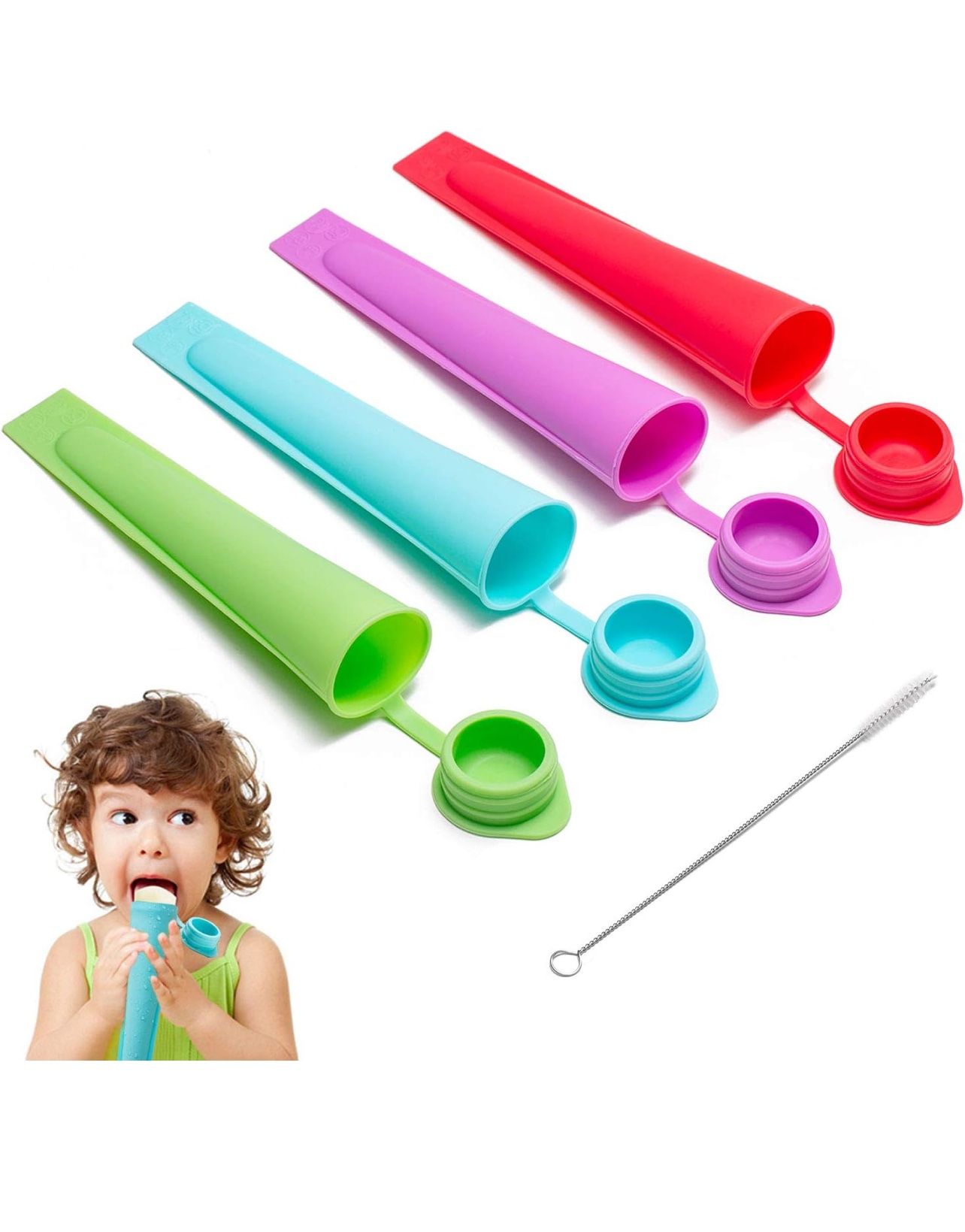 Brandnew  Silicone Ice Pop Molds for Kids with Lids, 4 Pieces Reusable Ice Popsicle Molds Ice Pop Maker for Kids and Adults DIY Frozen Popsicles with 