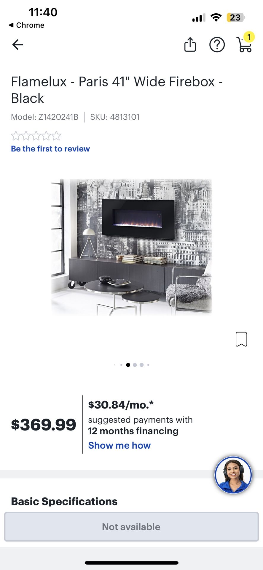 Flamelux - Paris 41" Wide Firebox - Black