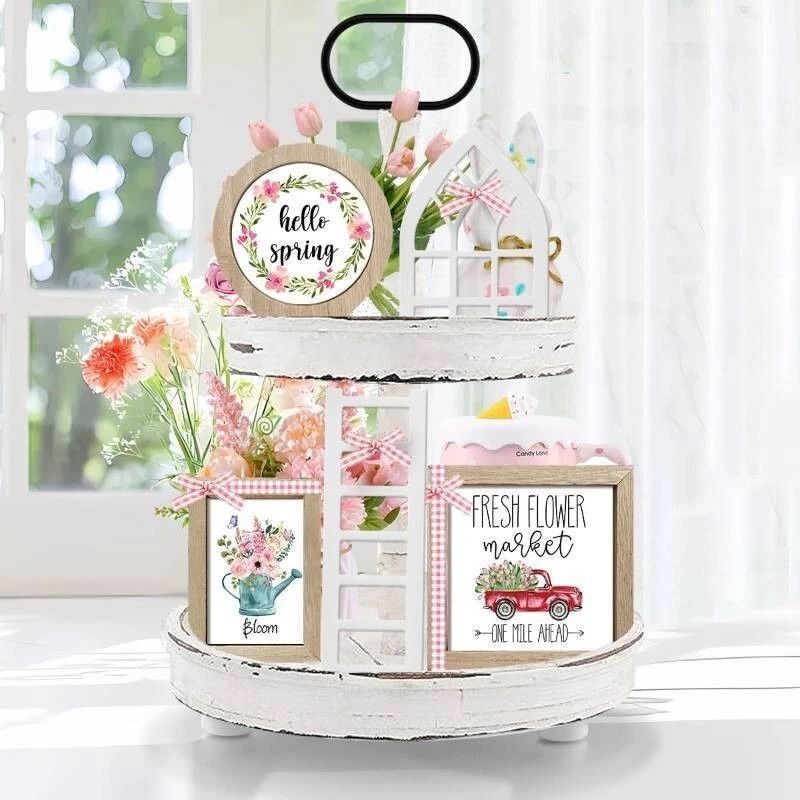 Nuvagiki Farmhouse Tiered Tray Decor Set, Interchangeable Year Round Seasonal
