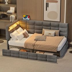 *Brand New* Twin Size Upholstered Daybed with Storage Drawers, Charging Station, & LED Lights