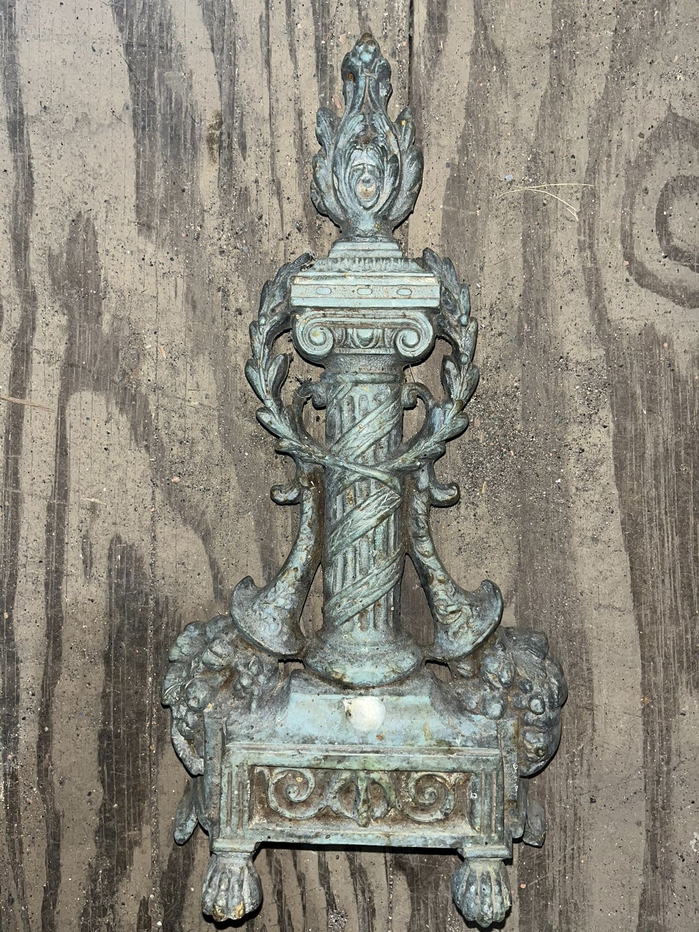 Antique Cast Bronze Ornate Fireplace Andiron