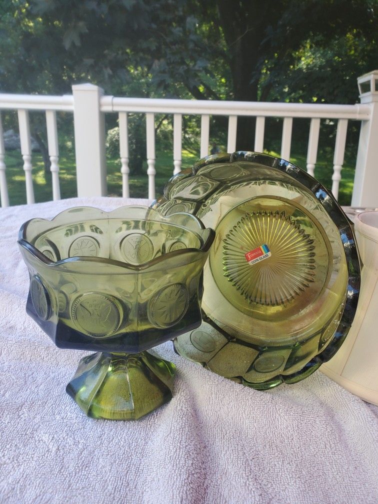 Vintage Coin Glass, Green, Colonial Style Coins Inseted On Sides Of Bowl And Candy Dish,