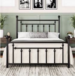 Vintage Style Metal Platform Bed Frame with Headboard & Underbed Storage