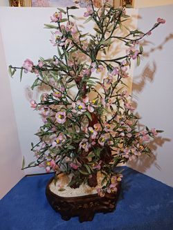 1960's Extra Large Chinese Jade Glass Bonsai Cherry Bloom Flower Tree 26" Tall