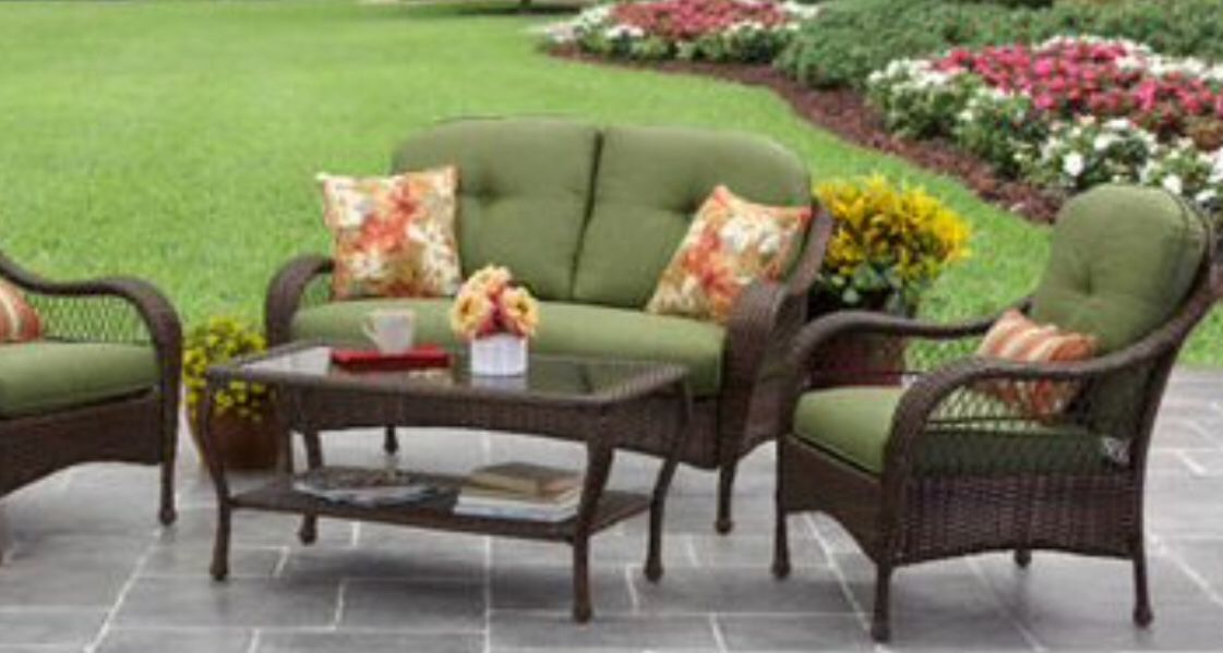 New!! 4 pc cushioned coffee table patio set, outdoor conversation set, chat set, patio furniture , green