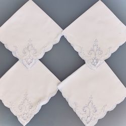 Set of Four 10” White Embroidered Vintage Cotton Napkins #050723A15