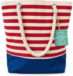 100% Cotton Canvas Nautical Striped Beach Tote Rope Handles