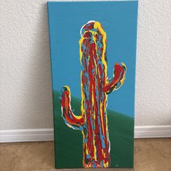 Original Colorful Cactus Painting Signed By Artist S.R.