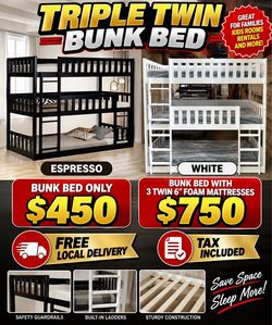 Triple twin bunk beds. Available in espresso & white. Assembly required. Assembly not included. Tax included. Free local delivery.  Bunk bed only-$450