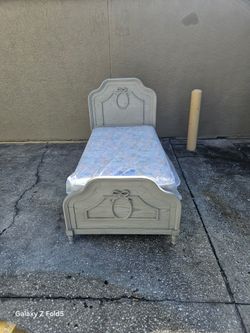 Gray Twin Size Solid Wood Bed Frame With Brand New Twin Size Plush Mattress And Box Spring In Plastic 