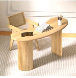 53 Inch Curved Desk, Oval Small Computer Desk with Sturdy Fluted Legs for Bedroom, Modern Luxury Corner Single Writing Vanity Desk, Home Office Corner