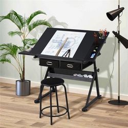 Drafting Table & Stool Set All-in-One Drawing Table, Black