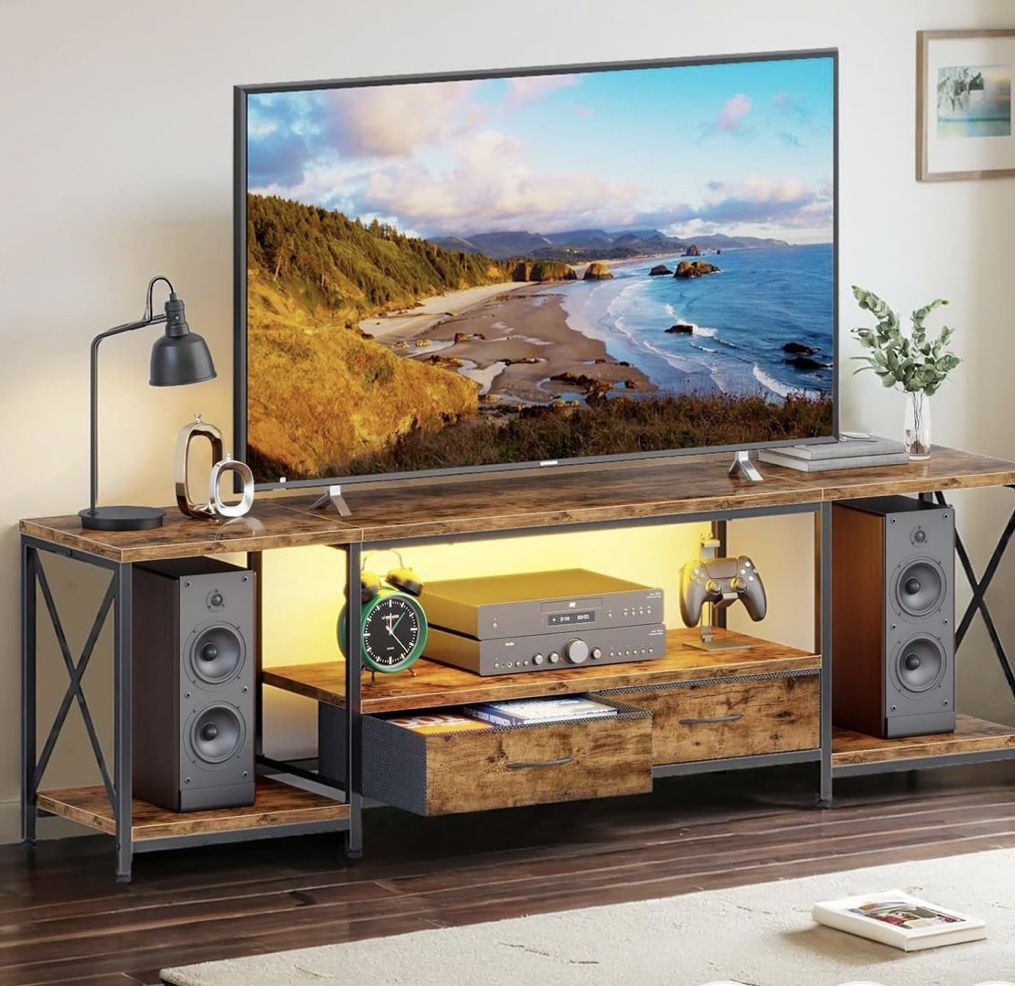 Television Stands for 80 Inches TV with Fabric Drawers, LED TV Console Table with Storage Shelves for Living Room, Bedroom, Entertainment Center 71" R