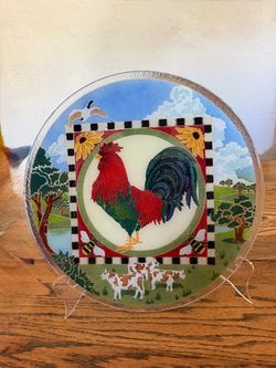 Peggy Karr Rooster Fused Glass Plate Round 13 3/4" Farm Cows Bees Sunflower