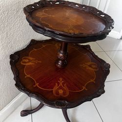 Vintage Antique Burl Two tier ITALIAN Inlay floral design accent side solid wood table. 
