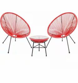 coral/salmon red 3-Pieces Outdoor Acapulco Woven Plastic Lounge Chair with 2 Chair and Glass Top Table