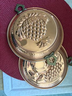 Lot of two – vintage copper plated, baking Jell-O mold, patina metal wear 10 inches long