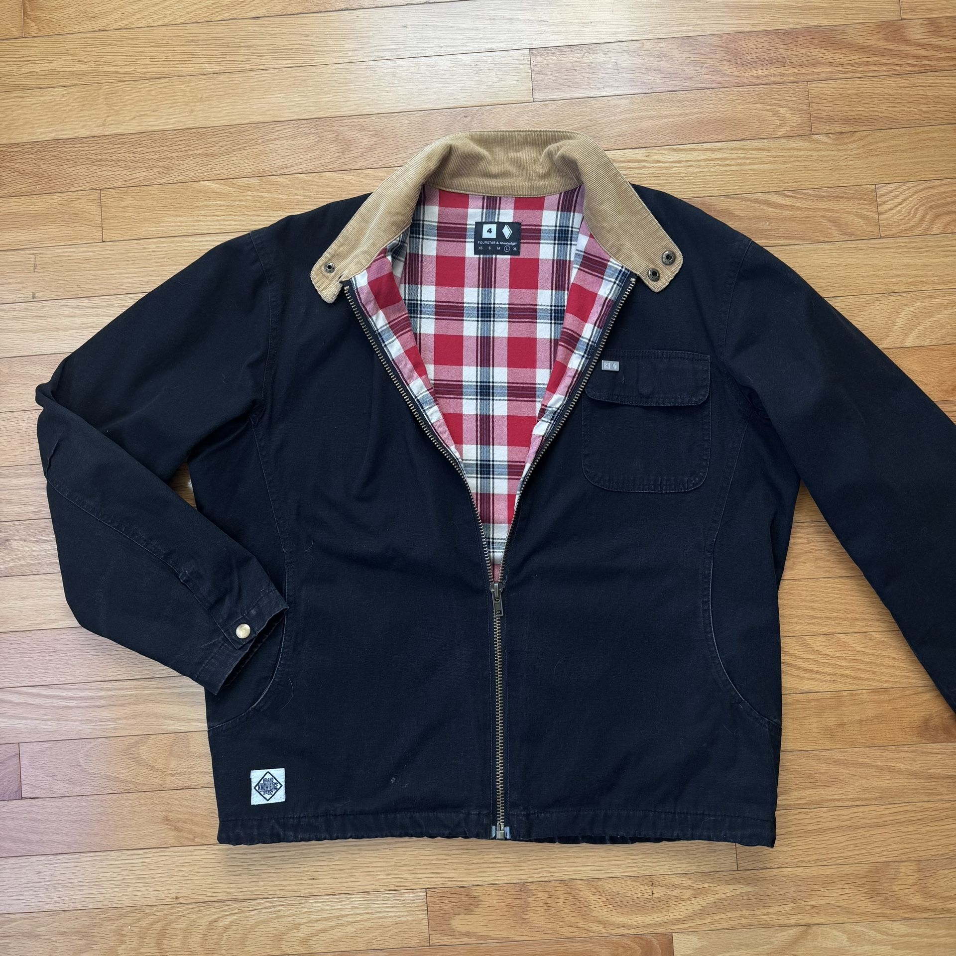 Men Medium - Vintage Fourstar & Knowledge Black Duck Cotton Workwear Chore Jacket Coat (Sticky Zipper Bottom)