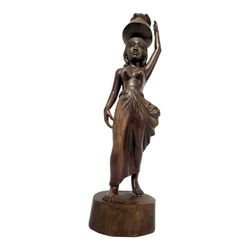 Vintage Wood Carved 24" Beautiful Nude Woman Holding Basket Art Sculpture Base