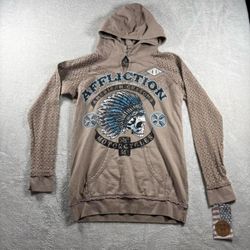 Y2K Affliction Lace Hoodie Women’s S Beige Sweatshirt Chief Skull Goth NWT#8F