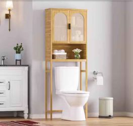 VEIKOUS Yellow Bamboo Over-The-Toilet Storage Cabinet 24.4 in. W x 66.9 in. H x 9.5 in. D with 3-She