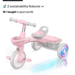 Colorful Lighting Toddler Tricycle for 2-5 Years 0ld Girls, Adjustable Seat&Handlebar Trike, Removable Basket, Birthday Gift Idea for Kids Ages 2+ (Pi