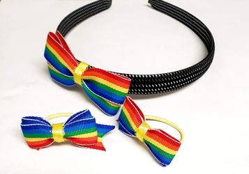 Handmade Rainbow headband and pigtail bow set