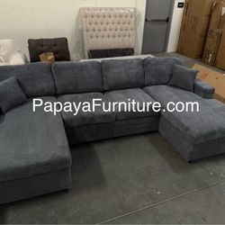 New! 120” Double Chaise L Sectional, Gray Sectional, Grey Couch, Corduroy Sectional, Plush Sofa, U-shaped Couch, Sofas, Large Sectional, Furniture