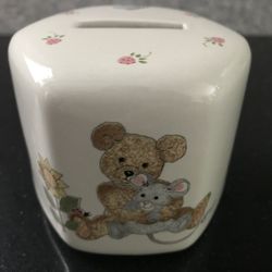Mikasa “Teddy” Hexagon-Shaped Ceramic Bank – 3”H x 3.5”W New in Original Box (Discontinued Pattern)