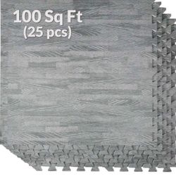 Home Aesthetics 100 Sq. Ft 3/8 Inch Thick Printed Foam Tiles Interlocking Foam Mat, Sea Haze Grey Wood Grain Style Print, (24"x24", 25 pcs), Protectiv