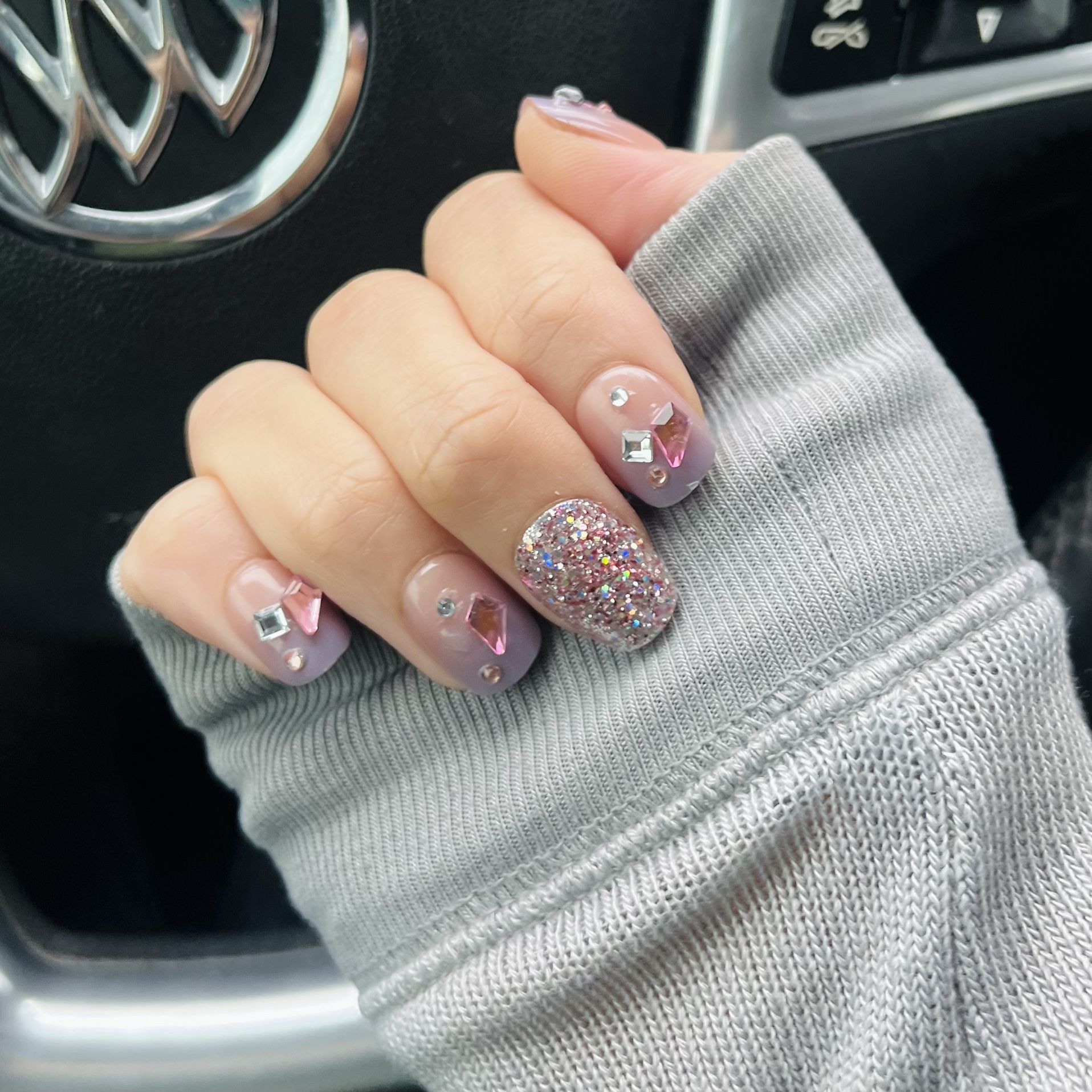 New 24pc HQ Short square Purple Crystal Press On Nails