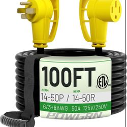 POWGRN 50 Amp RV/EV Extension Cord 100 FT Outdoor with Grip Handle, Flexible Heavy Duty 6/3+8/1 Gauge STW 4 Prong RV Power Cord Waterproof, NEMA 14-50