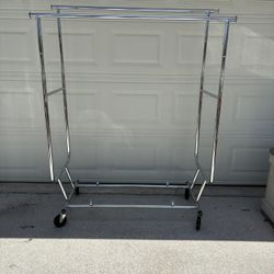 Adjustable Rolling Double Rail Commercial Clothing Rack EUC 
