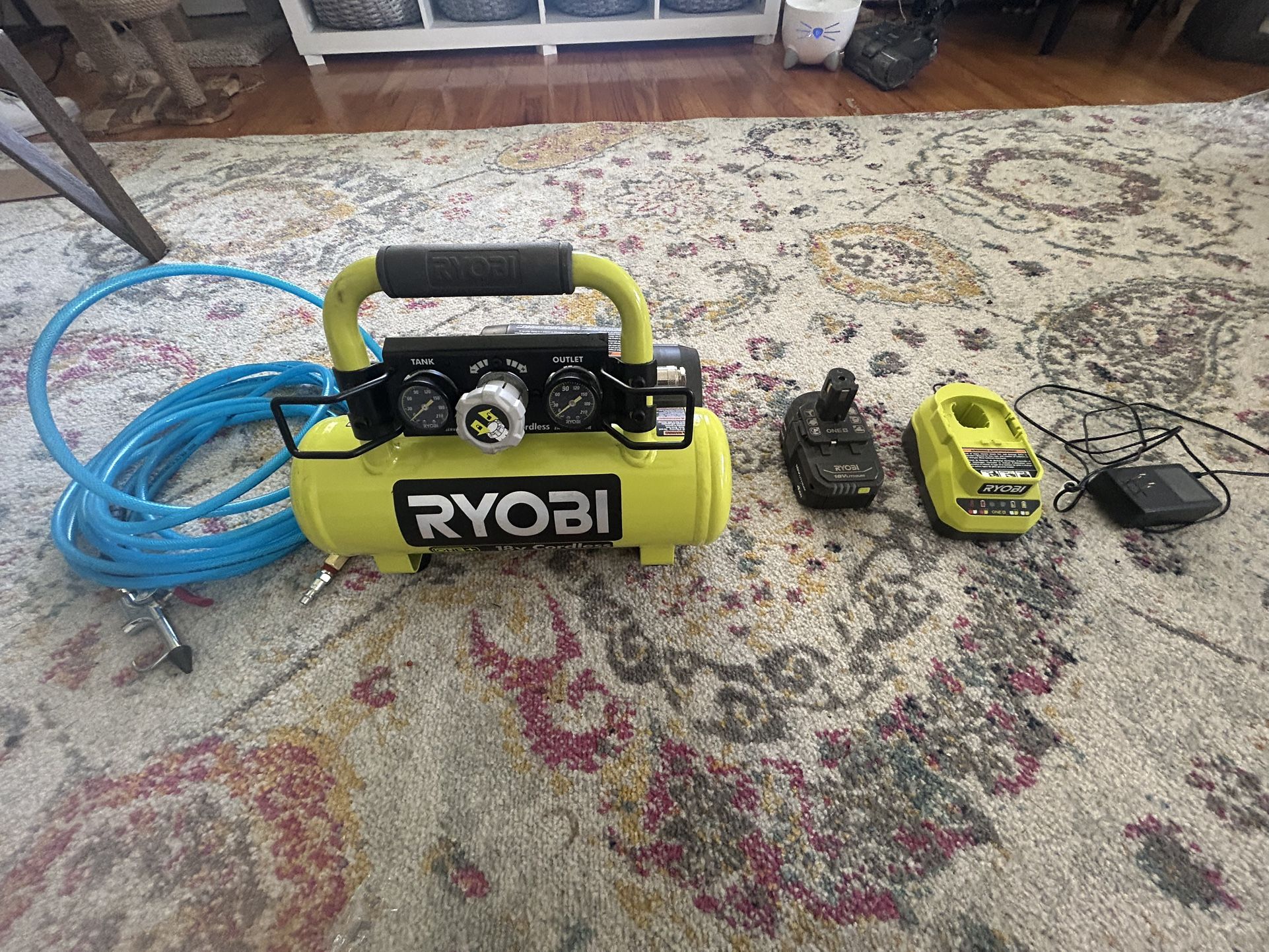 Ryobi 1 Gal Air Compressor. With Hose, Charger And Battery